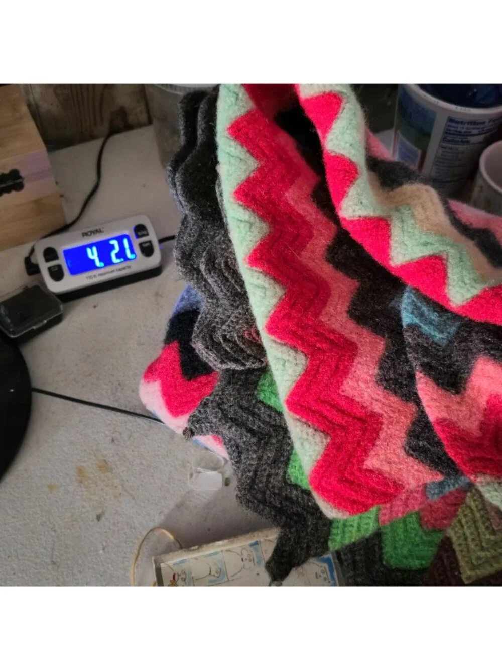Vintage 1970s Wool Blend Rainbow Chevron Zigzag Knitted Throw Blanket 59